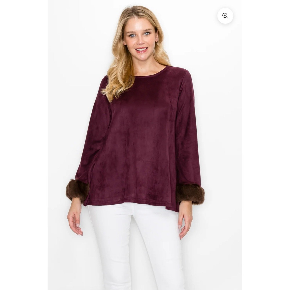 Joh Stretch suede top Purple with black/gray faux-fur cuffs Women's Small NWT - Picture 5 of 5